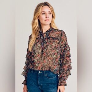 Calligraphie, Women's blouse floral print  long ruffle sleeves. Size S like new